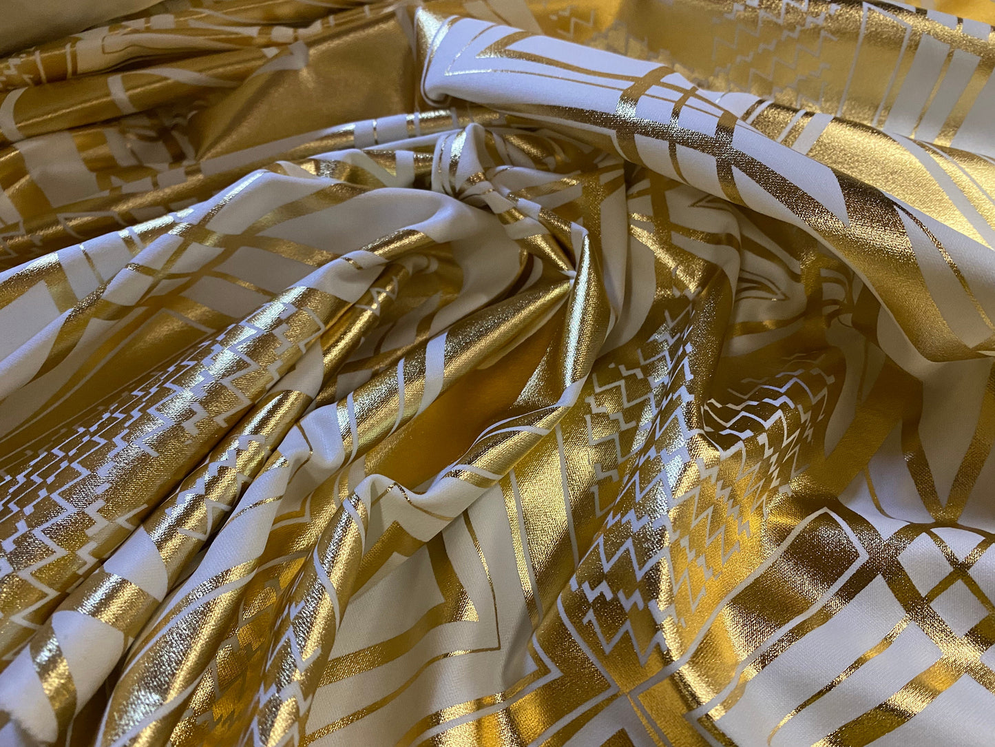 Stretch scuba double jersey spandex dress fabric, per metre - cream with metallic gold Art Deco print