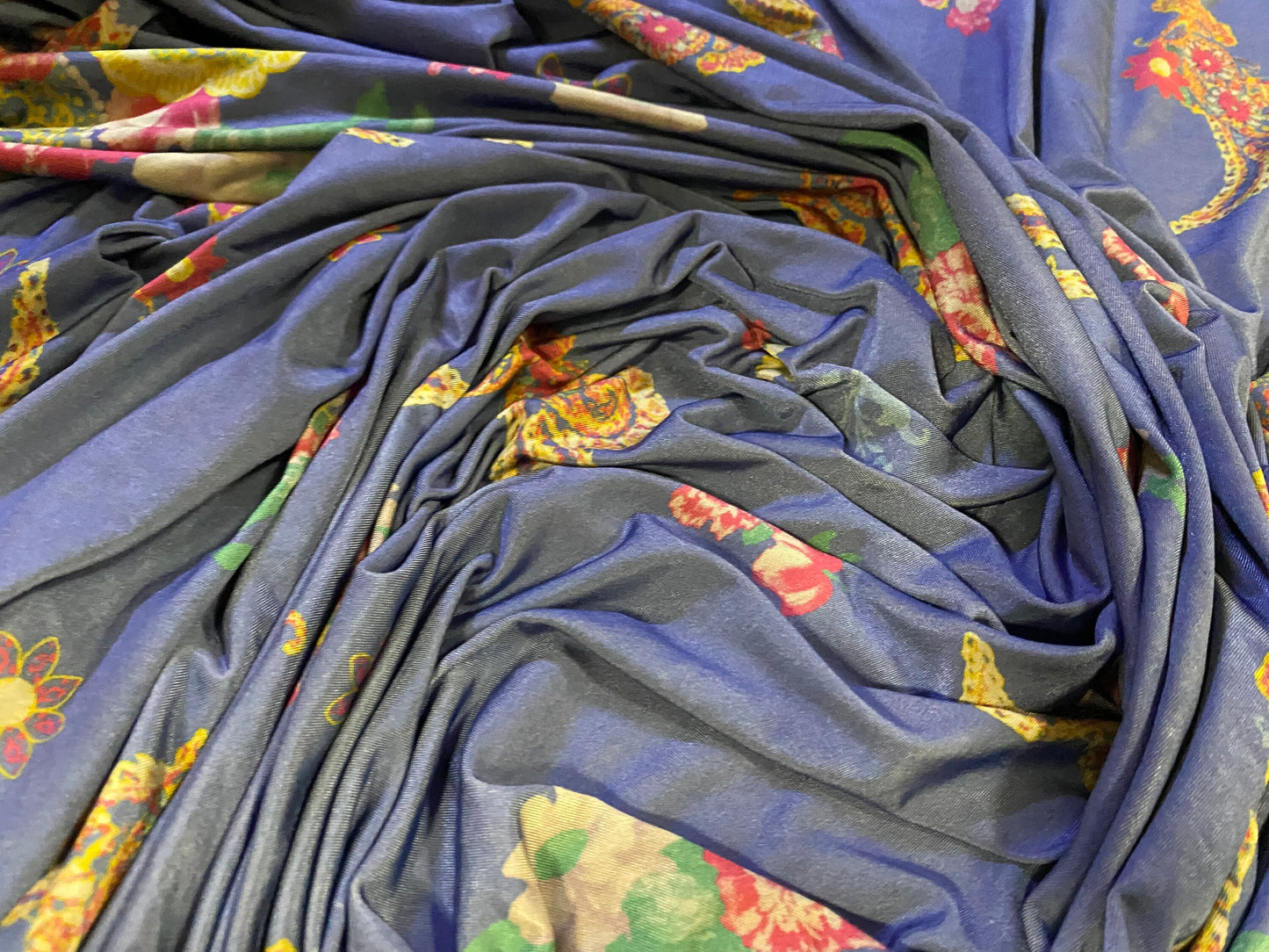 Disco shimmer stretch jersey fabric, per metre - paisley flower double border print - blue