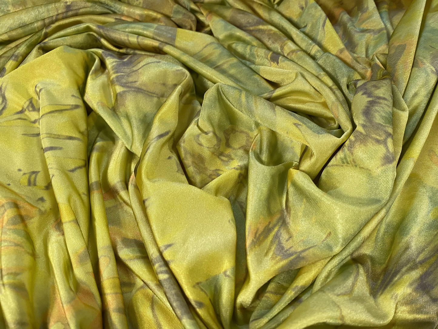 Disco shimmer stretch jersey fabric, per metre - yellow, pale aqua floral print