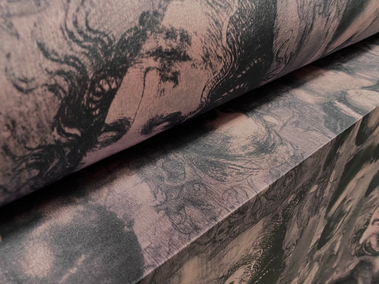 Disco shimmer stretch jersey fabric, per metre - women and angels print - dusky pink