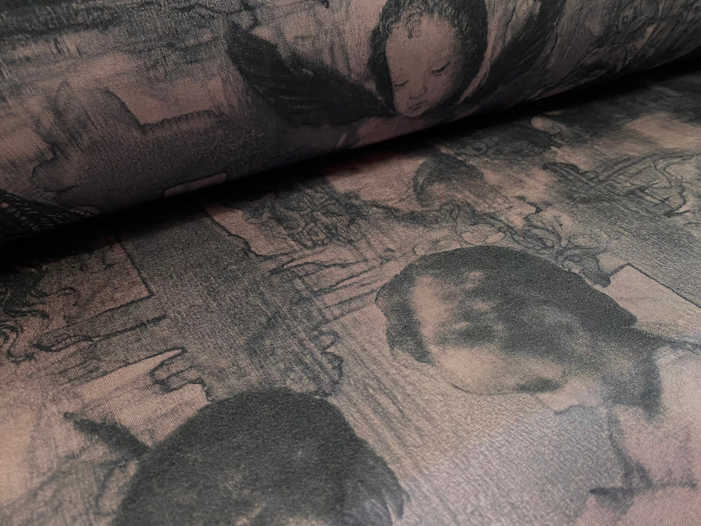 Disco shimmer stretch jersey fabric, per metre - women and angels print - dusky pink