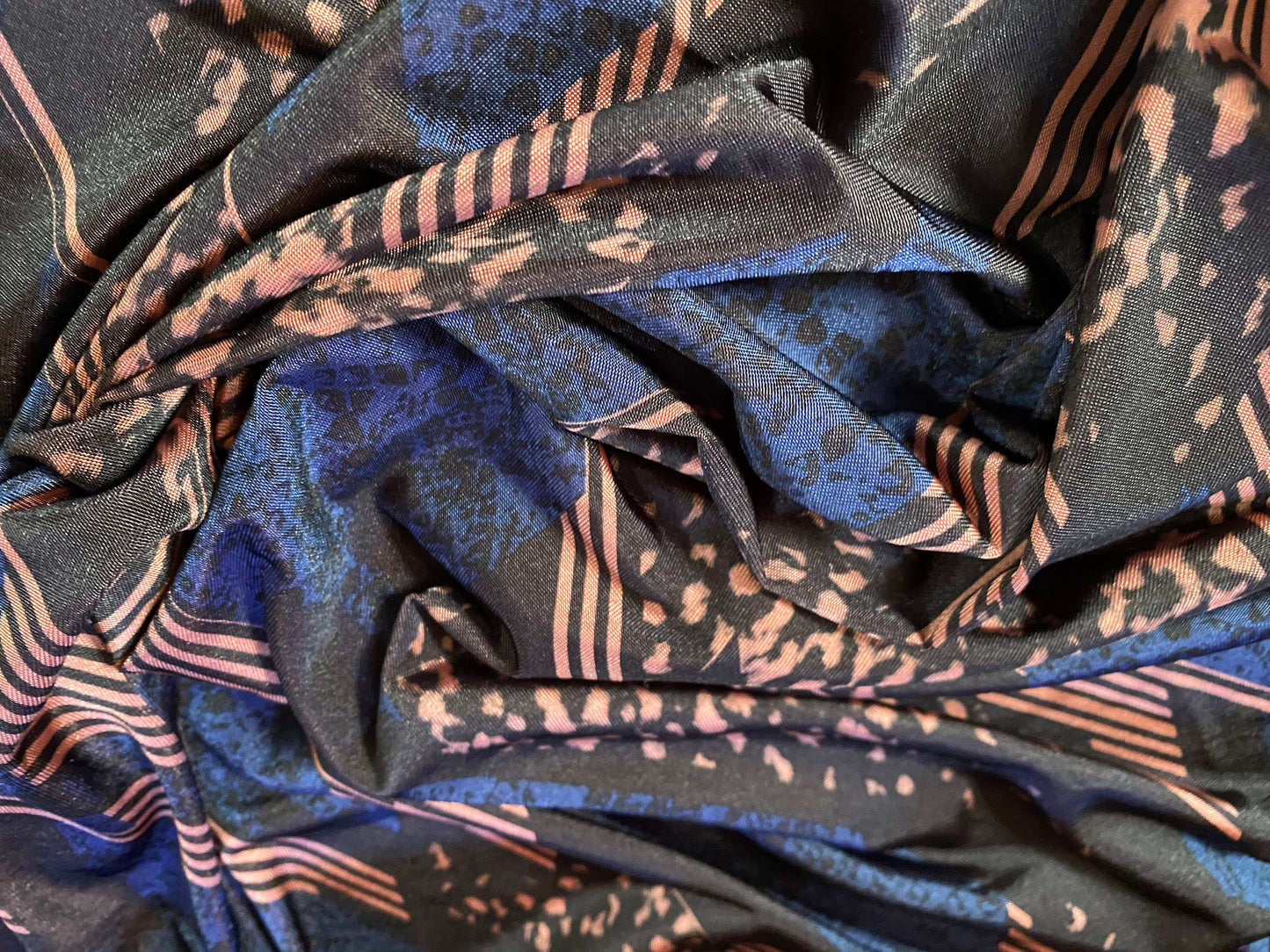 Disco shimmer stretch jersey fabric, per metre - retro 80s geometric print - blue & brown