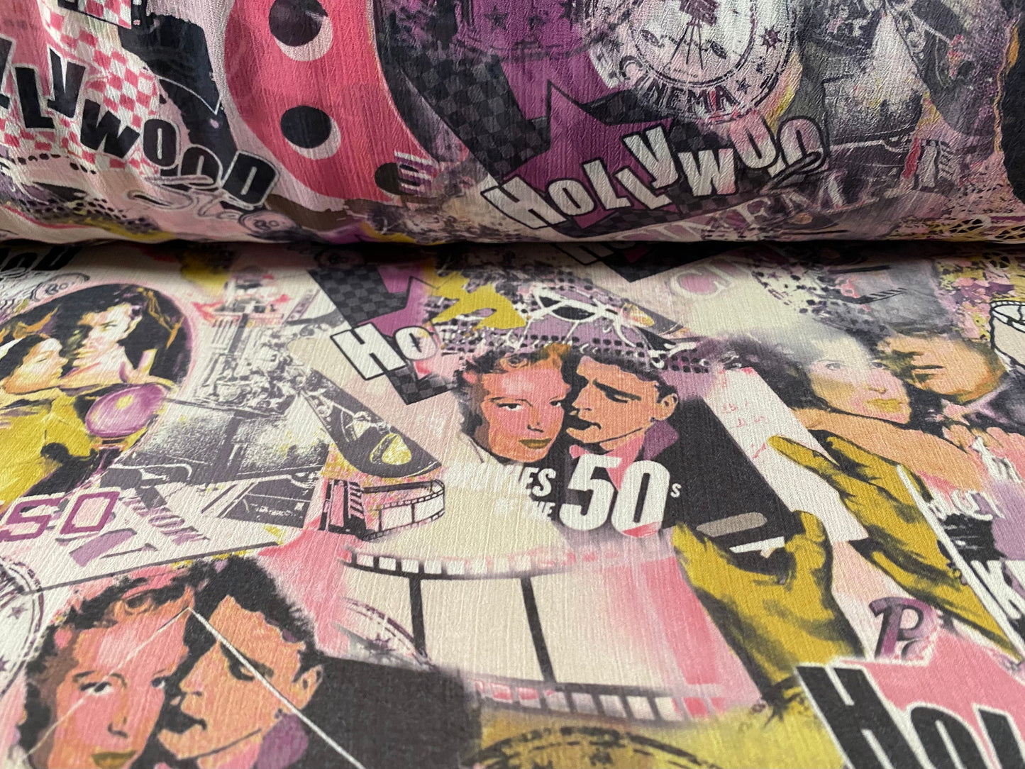 Printed chiffon yoryu dress blouse fabric, per metre - 50s Hollywood Movie Star print