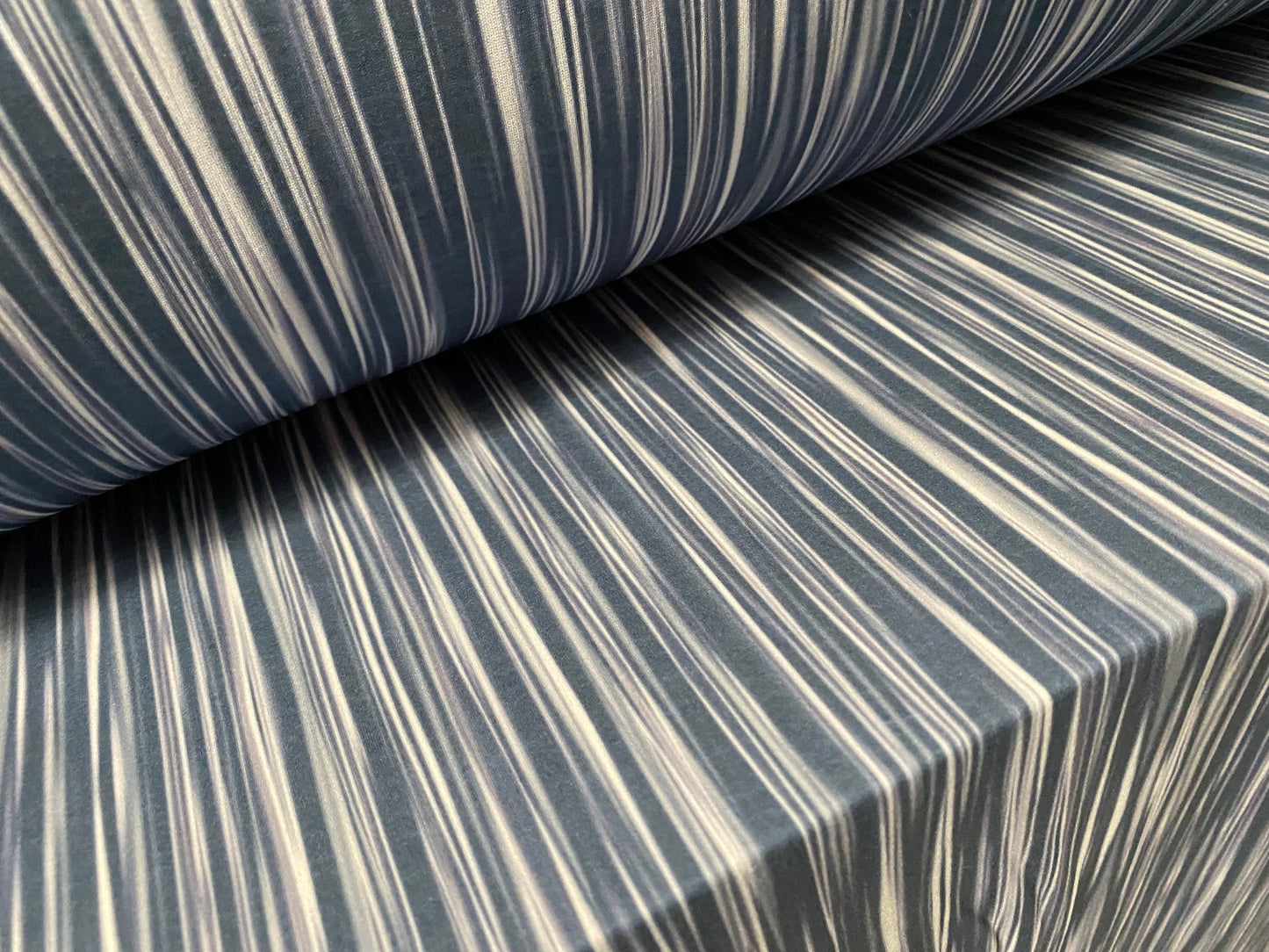 Single jersey mousse fabric, per metre - busy stripe print - blue