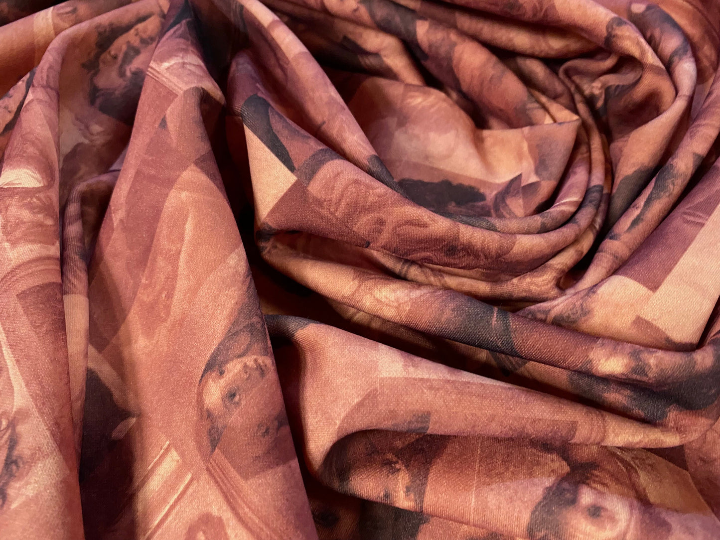 Scuba spandex stretch neoprene style jersey fashion fabric, per metre - classical portraits print - rusty pink