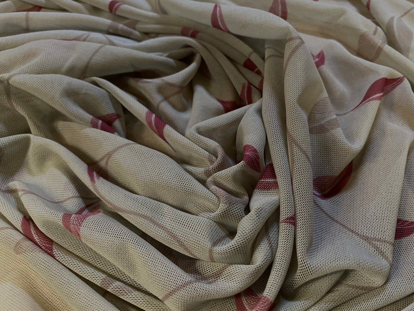 Power mesh net stretch fabric, per metre - sage grey with red leaf print