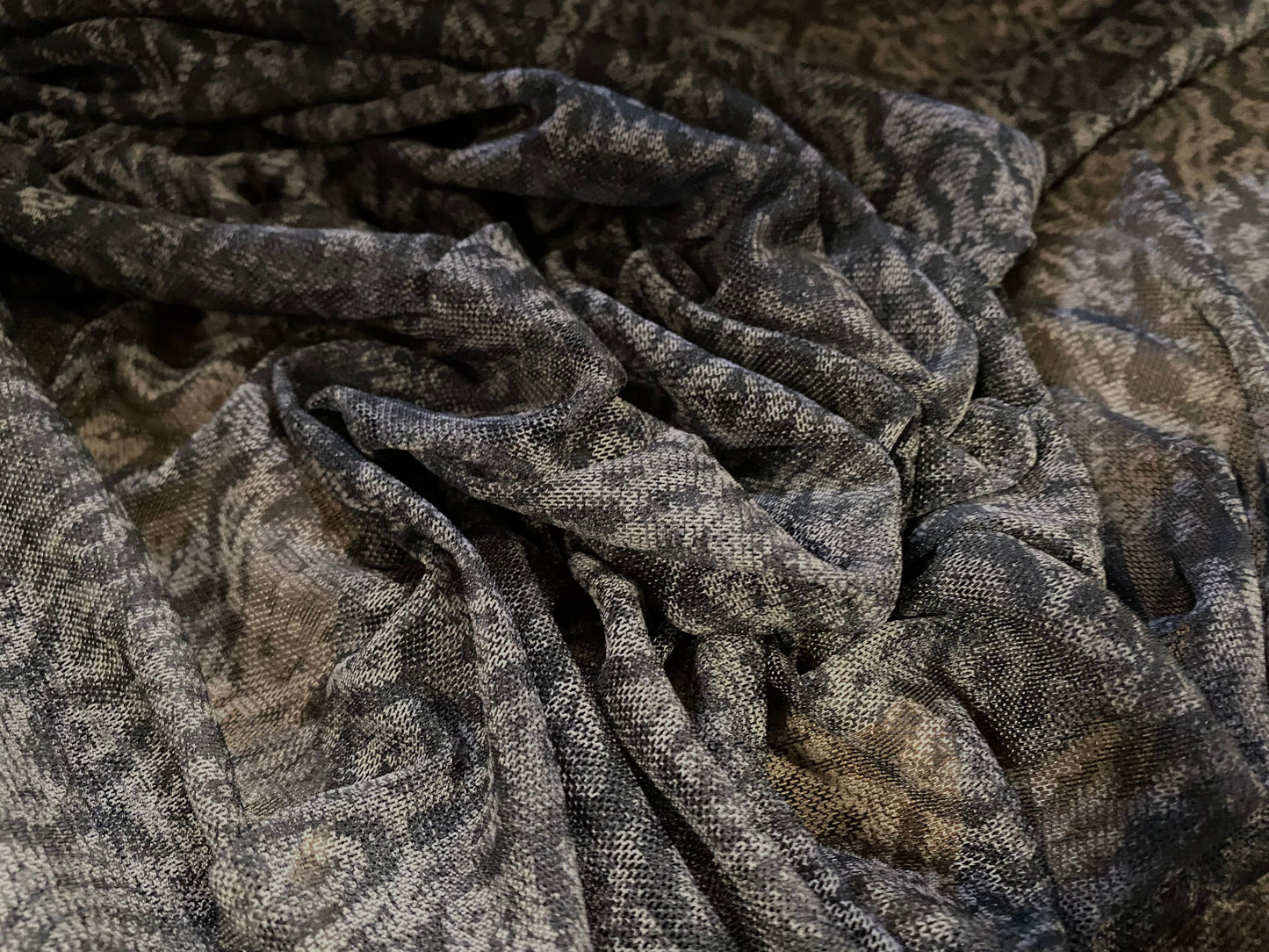 Sheer Mesh net fabric, per metre - circles print - Aztec geometric print - grey