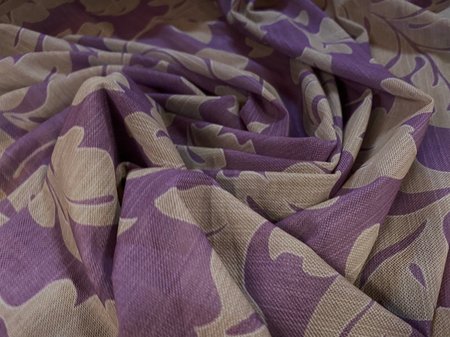 Power mesh net stretch fabric, per metre - leaf print - mauve