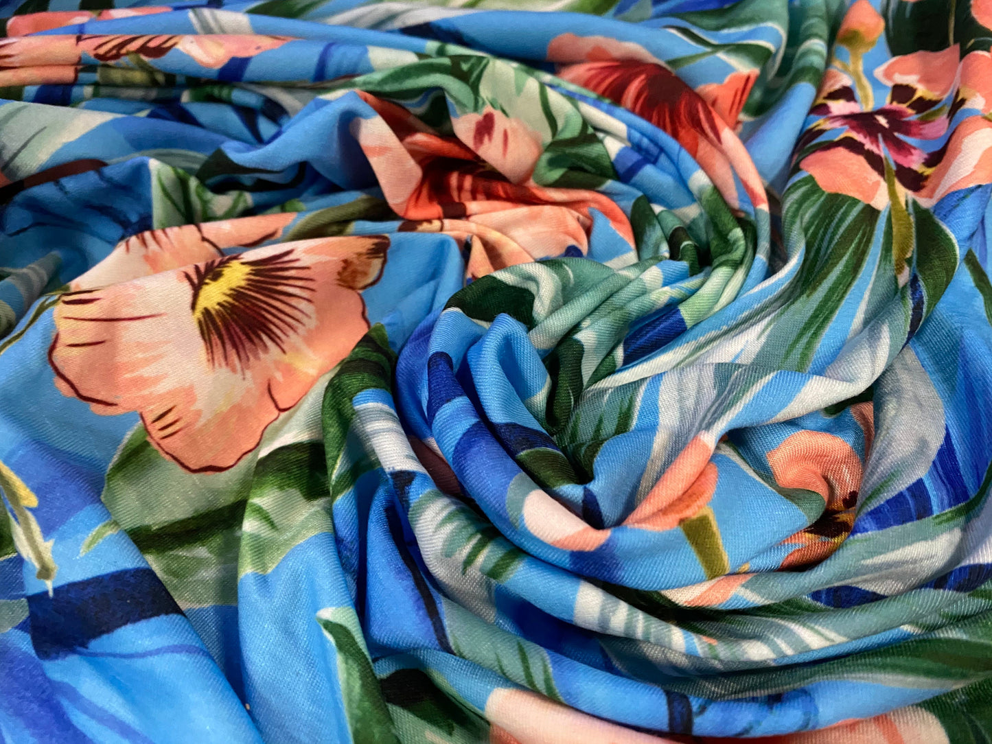 Soft handle stretch jersey fabric, per metre - blue with pink orchid print