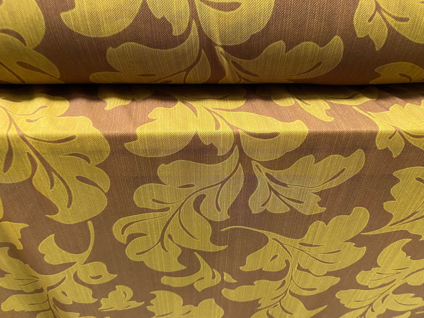 Power mesh net stretch fabric, per metre - leaf print - mustard
