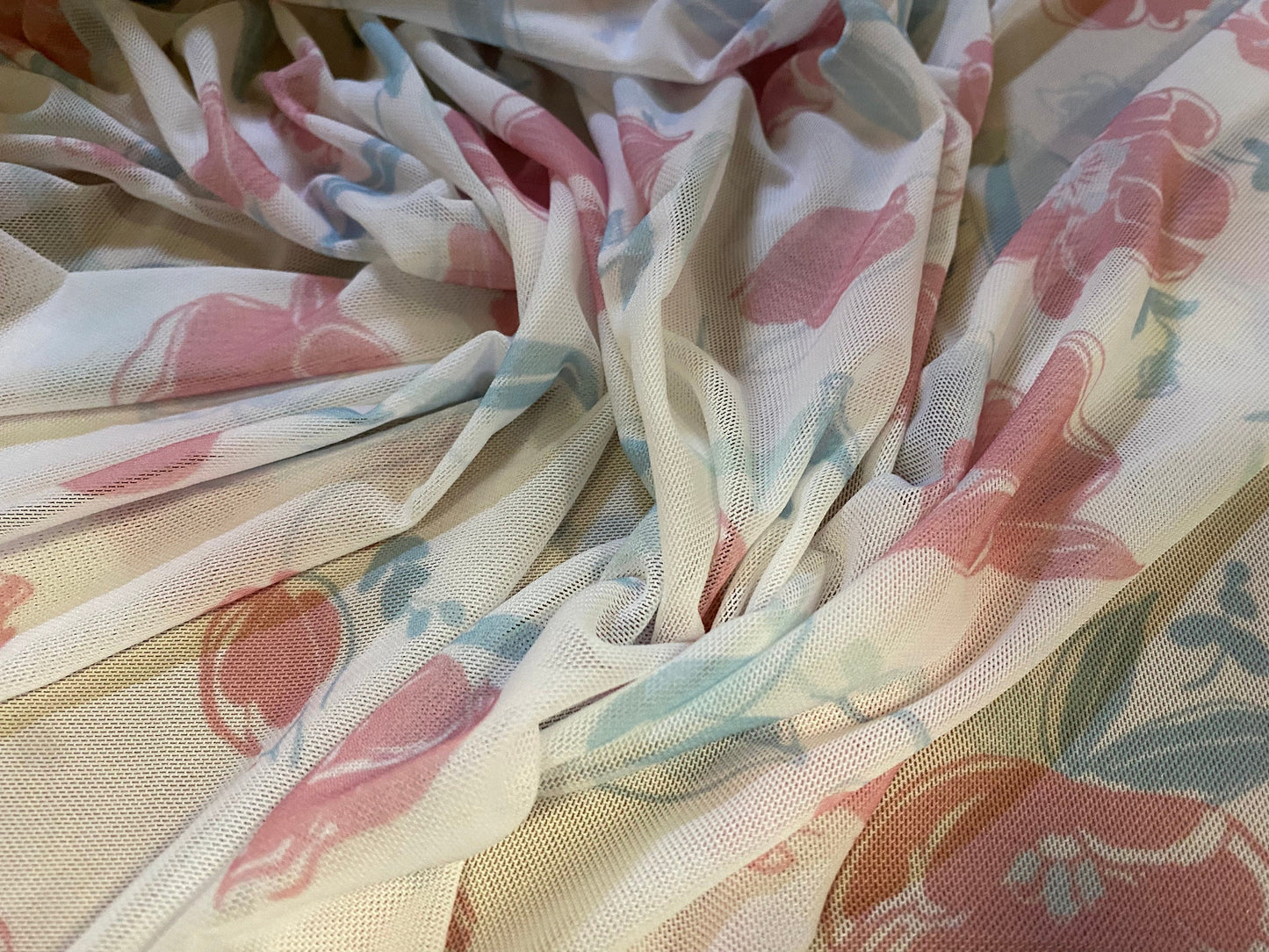 Power mesh net stretch fabric, per metre - tulip flower print - off white & pink