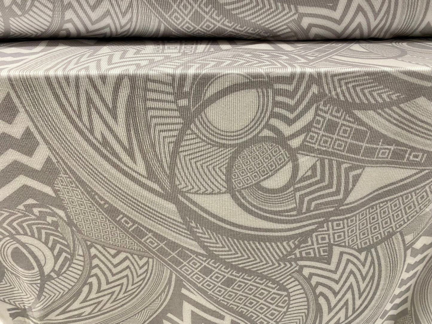 Spandex rib jersey fabric, per metre - tribal tattoo geometric print - white & light grey