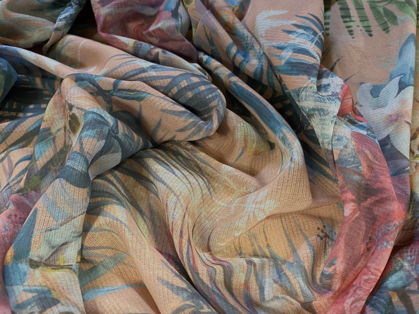 Stretch helenca mesh fabric, sheer, per metre - exotic flower print - salmon pink