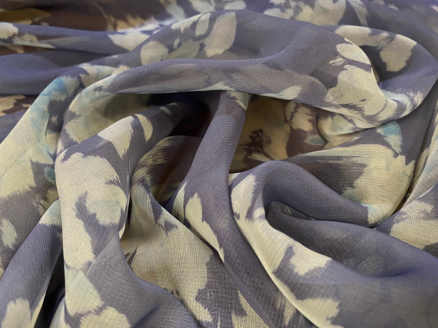 Printed chiffon woven dress blouse fabric, per metre - floral print - blue-grey and dark lemon yellow