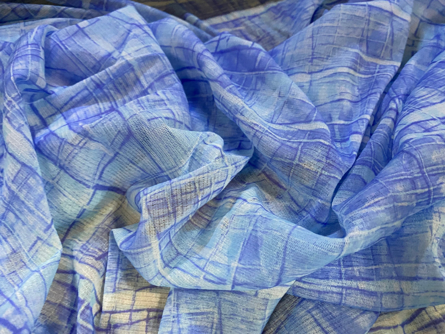 Stretch helenca mesh fabric, sheer, per metre - abstract check print - blue