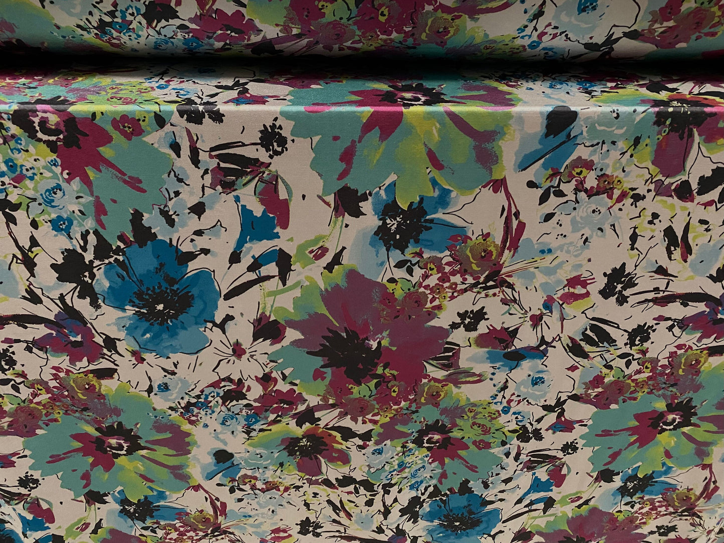 Disco shimmer stretch spandex jersey fabric, per metre -grey & magenta floral print