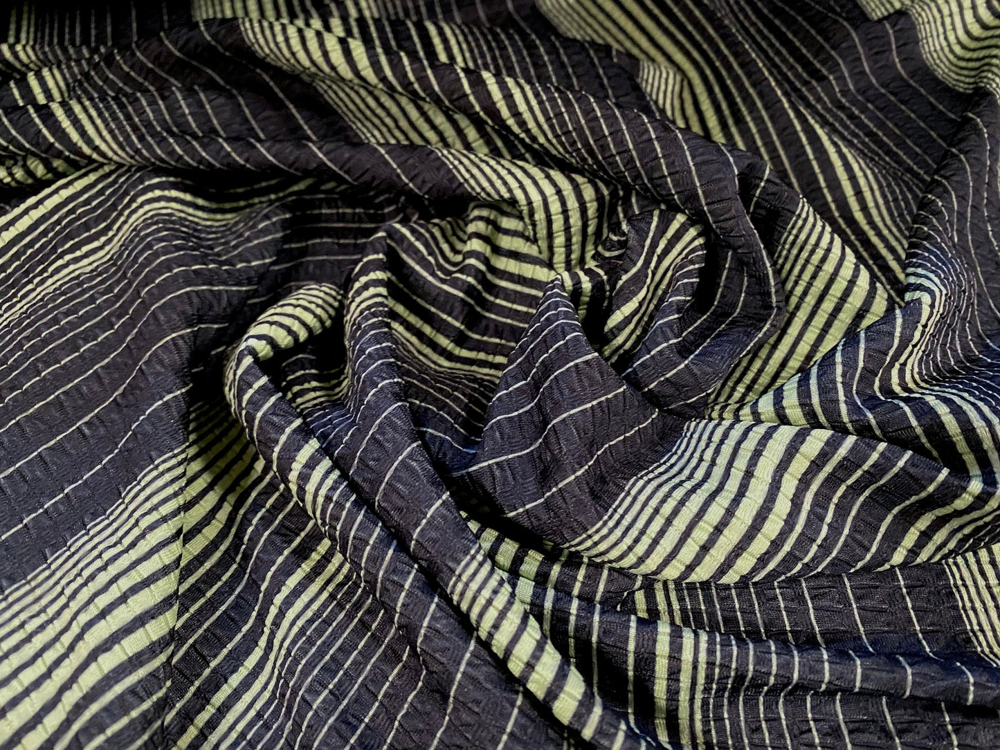 Jacquard double jersey knit spandex dress fabric, per metre - green black stripe print
