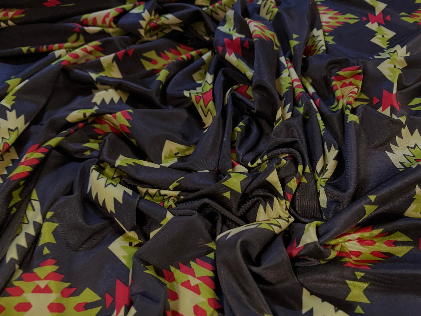 Disco shimmer stretch spandex jersey fabric, per metre - Aztec Inca print -dark sable brown