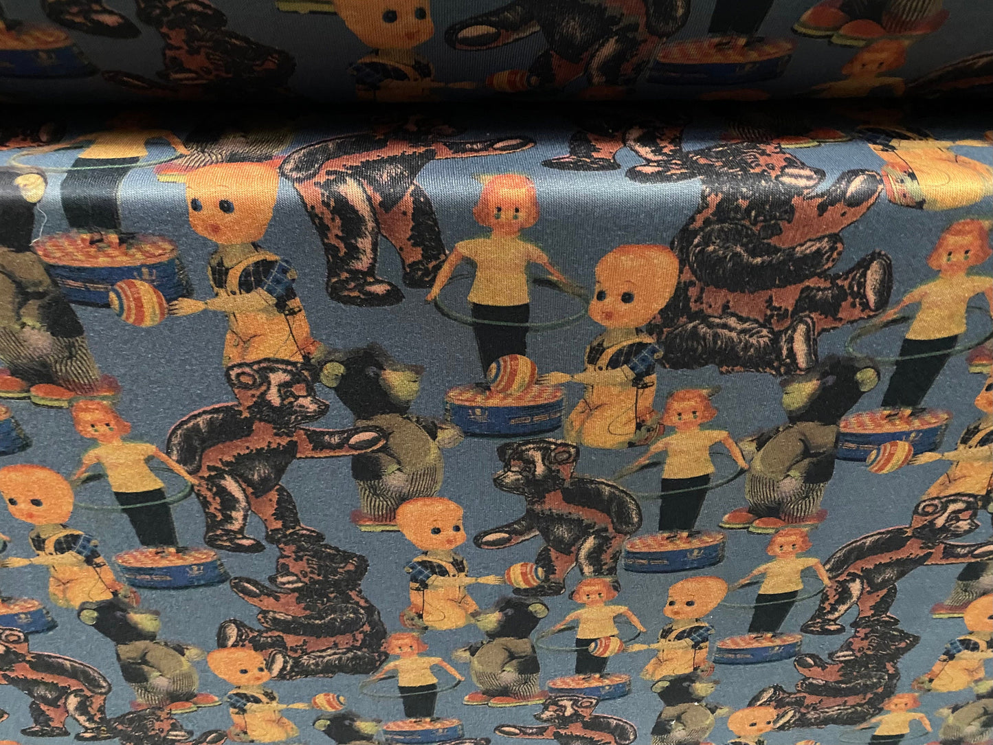 Sweatshirt fleece soft jersey fabric, per metre - toys and teddy bears children’s print - blue