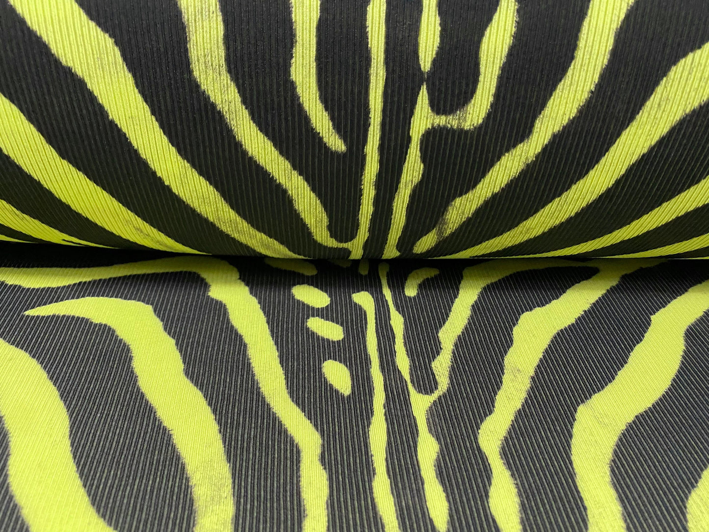 Stretch spandex rib jersey fabric, per metre - distressed zebra print - lime & black
