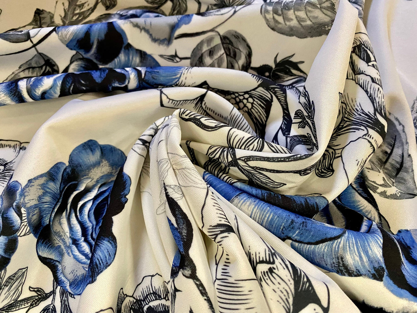 Scuba spandex stretch neoprene style jersey fashion fabric, per metre - white with blue rose flower print
