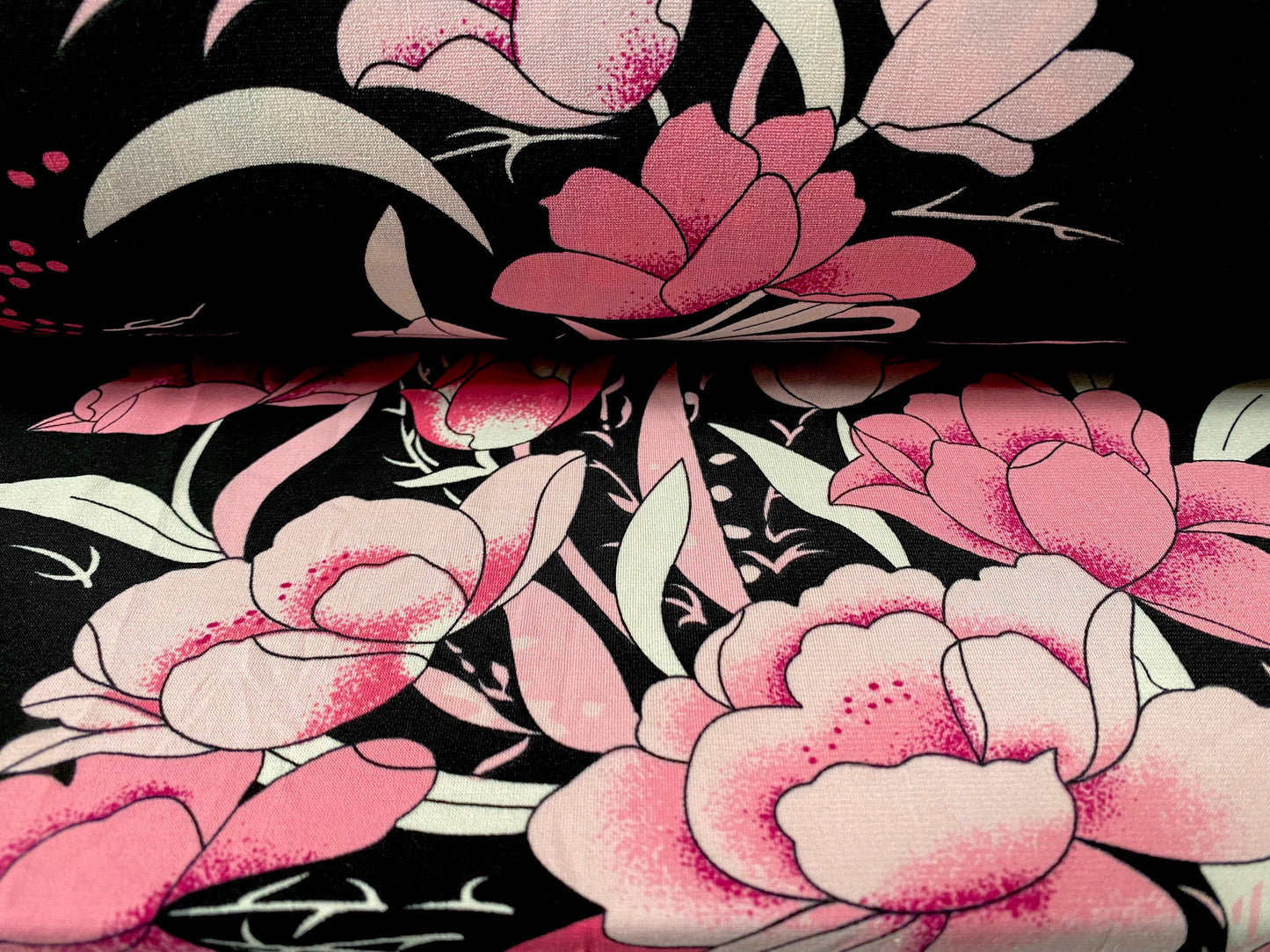 Spandex stretch ITY jersey fabric, per metre - black with pink flower print