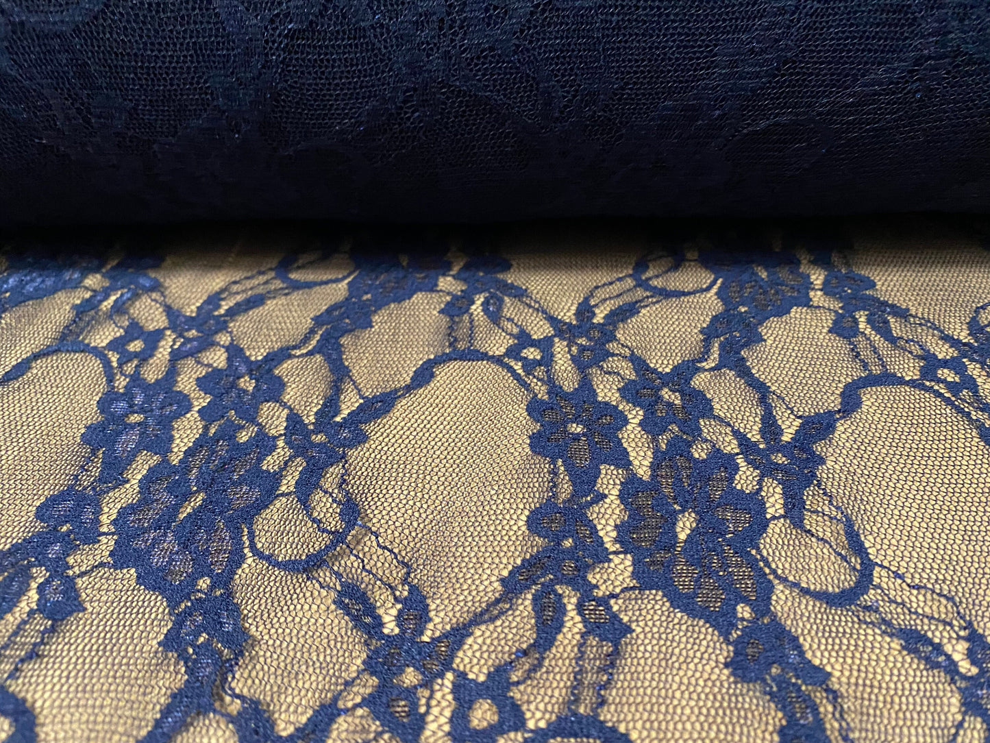 Stretch mesh lace net floral fabric, per metre - dark navy