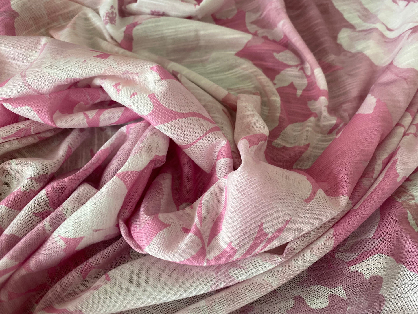 Slub single jersey printed fabric, per metre - flower print - pink rose