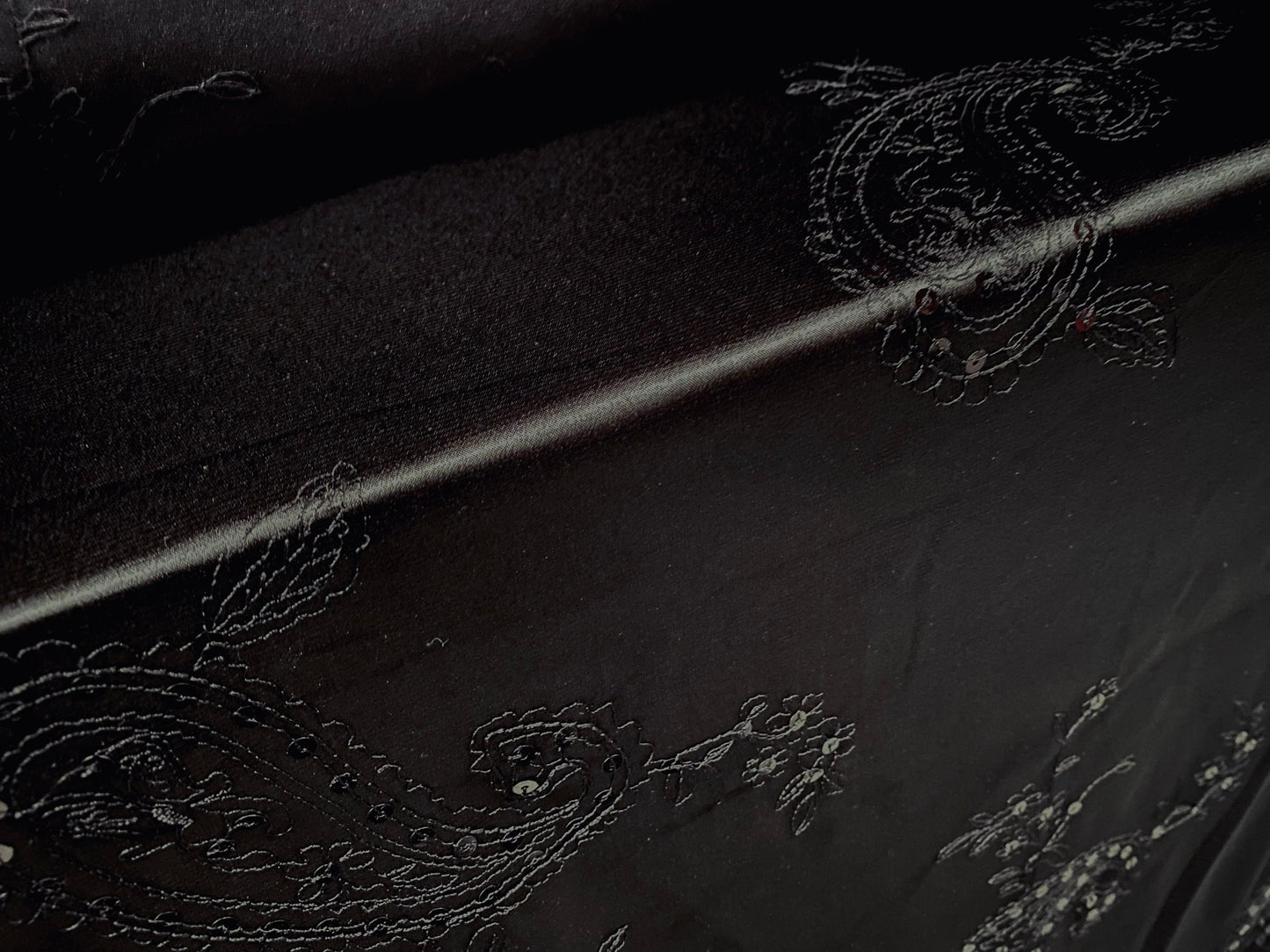Silky Stretch satin dress fabric, per metre - paisley embroidery with sequins - black