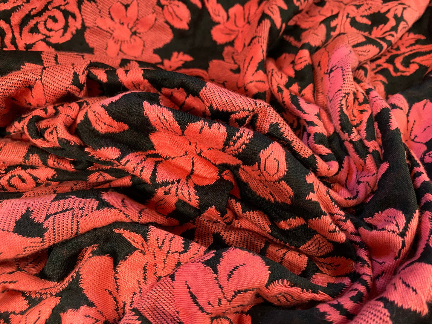 Floral jacquard double jersey stretch spandex knit dress fabric, per metre - coral & black