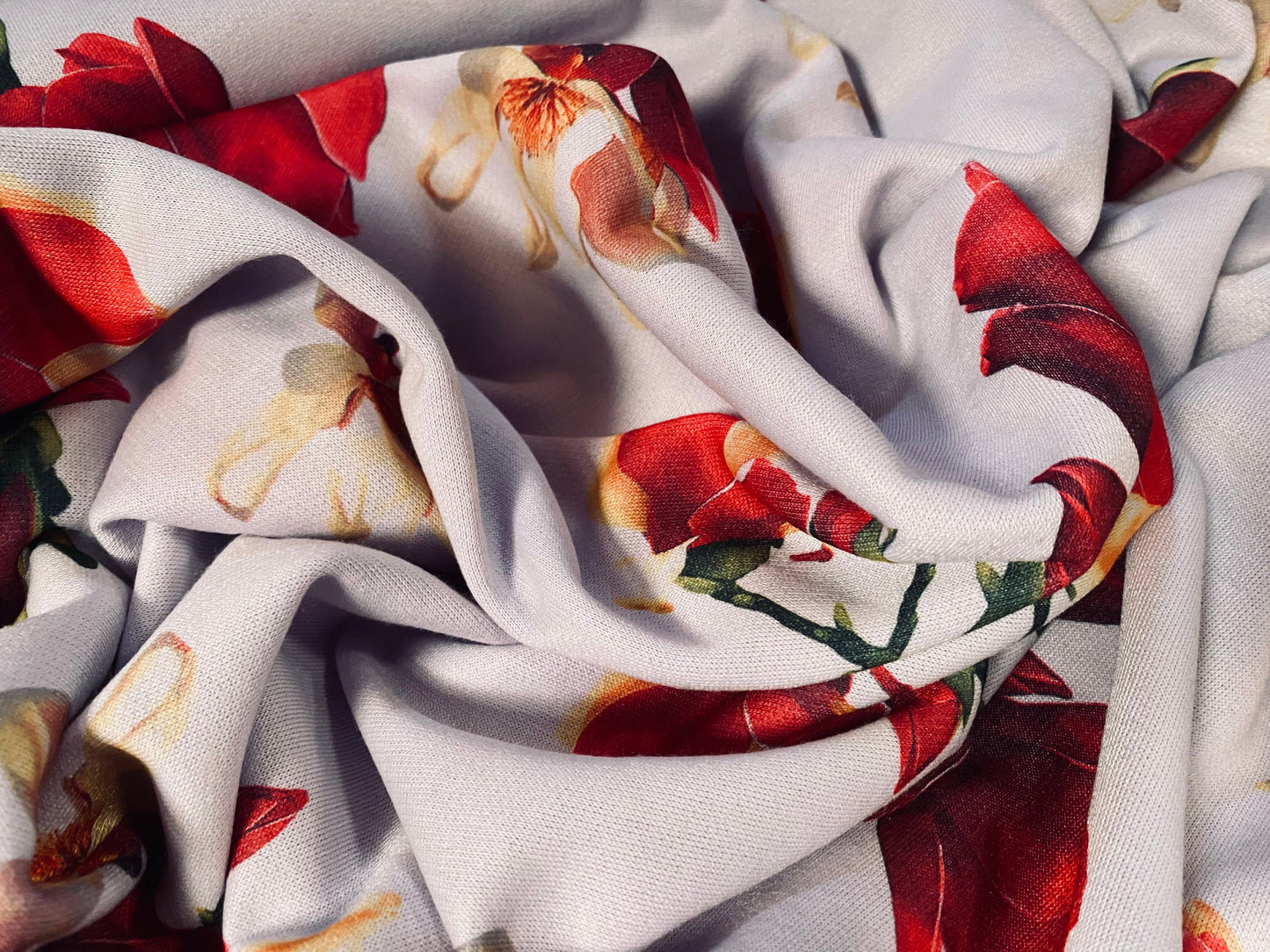 Sweatshirt fleece soft jersey fabric, per metre - lilac with red blossom flower bud print