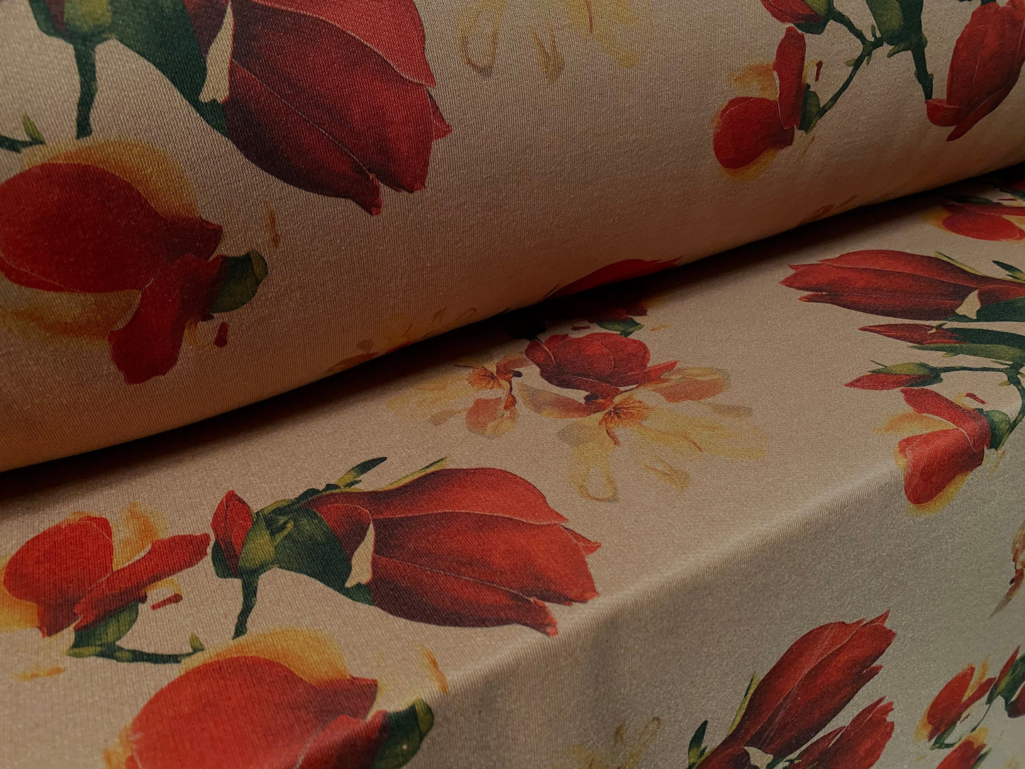 Sweatshirt fleece soft jersey fabric, per metre - Siena brown with red blossom flowerbud print