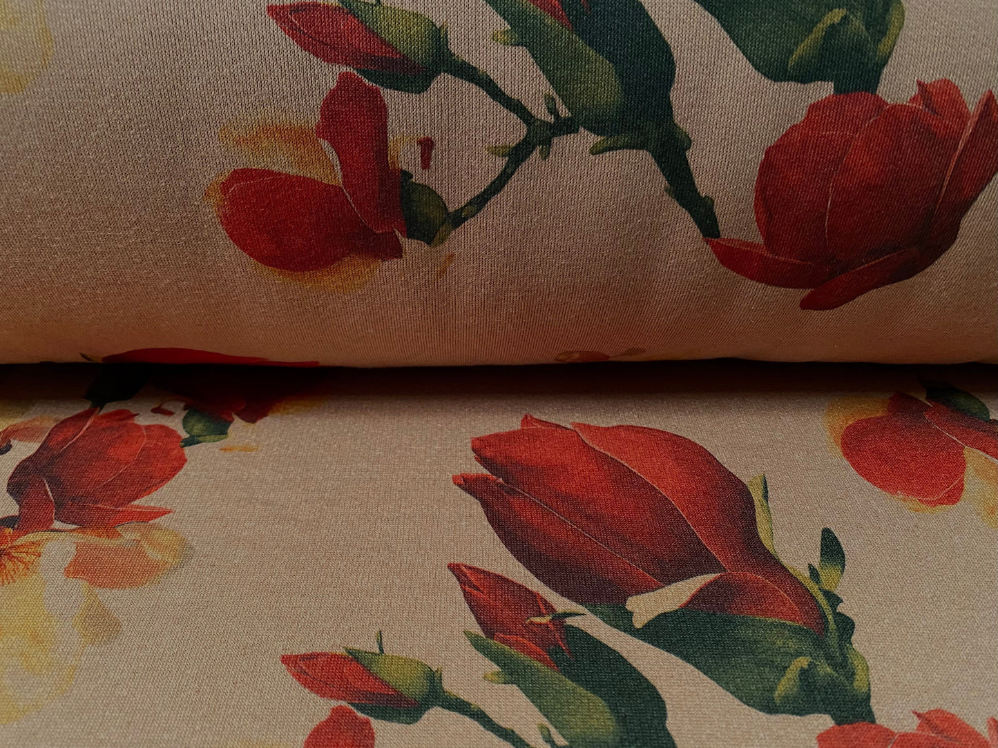 Sweatshirt fleece soft jersey fabric, per metre - Siena brown with red blossom flowerbud print