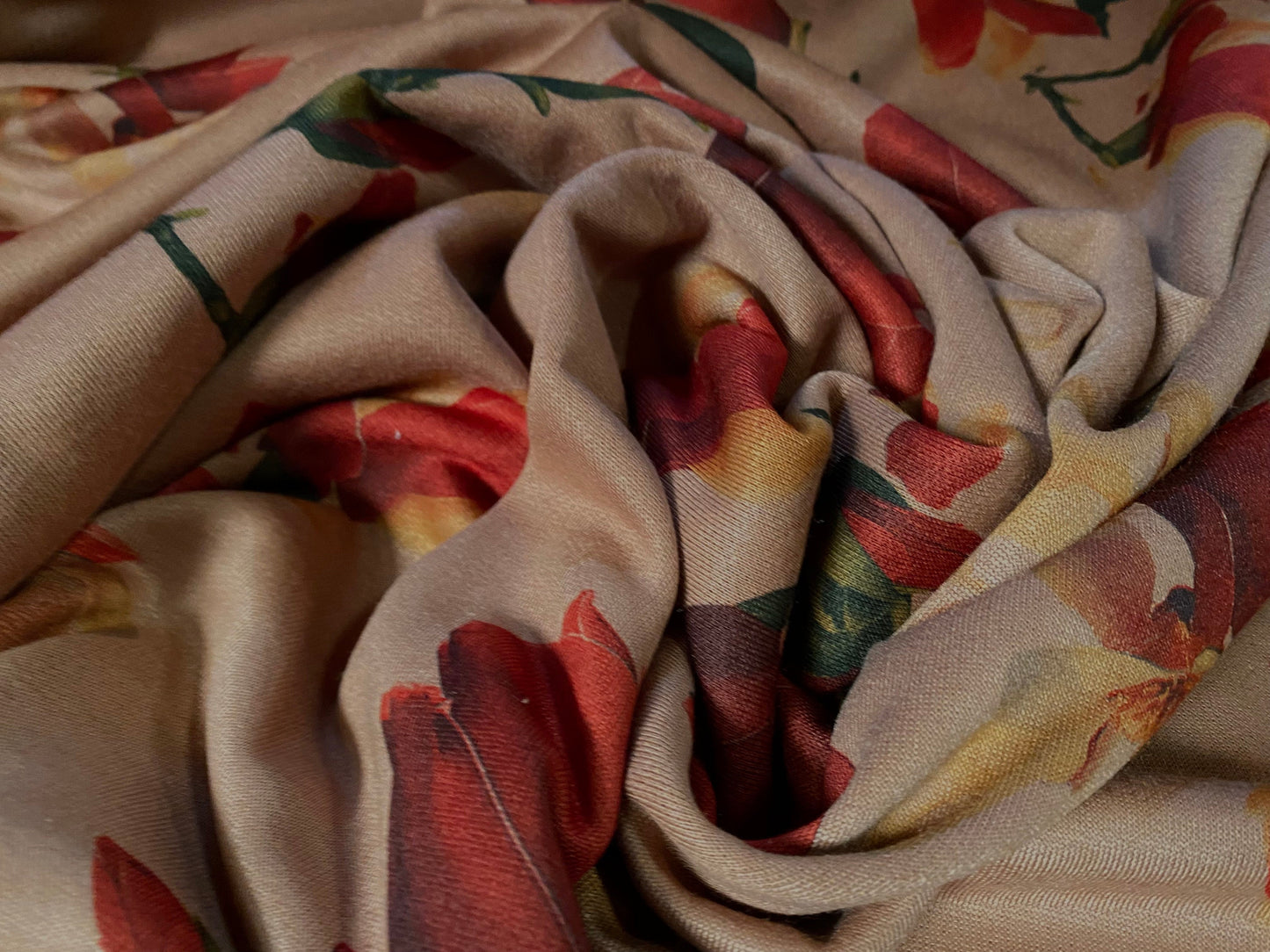 Sweatshirt fleece soft jersey fabric, per metre - Siena brown with red blossom flowerbud print