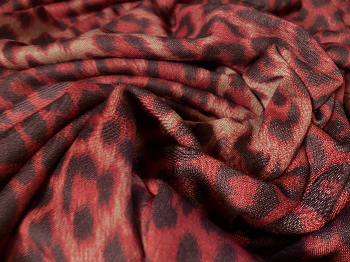 Sweatshirt fleece soft jersey fabric, per metre - Siena brown with red leopardskin animal print