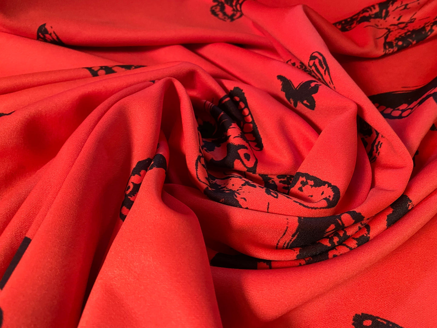 Scuba spandex stretch neoprene style jersey fashion fabric, per metre - butterfly print - orange red