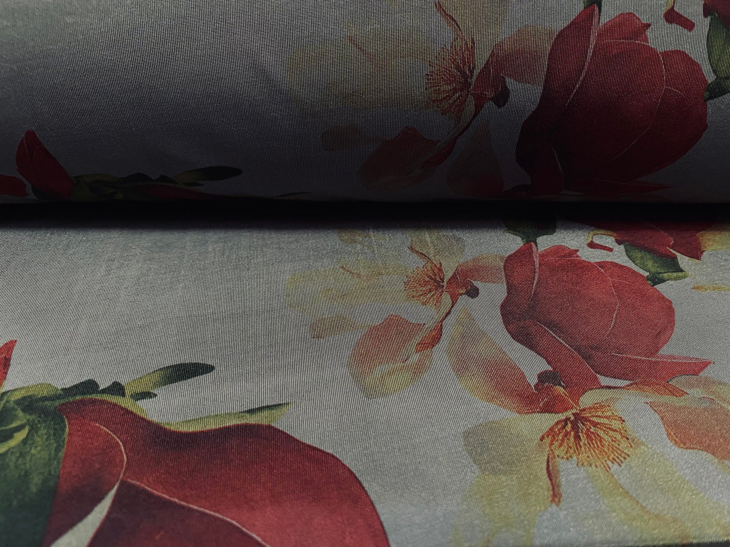 Disco shimmer stretch jersey fabric, per metre - blossom flowerbud print - grey