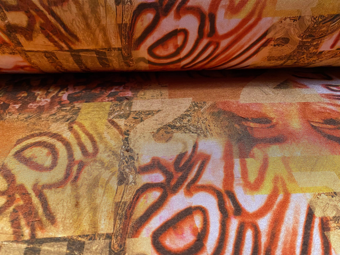 Disco shimmer stretch jersey fabric, per metre - festival graffiti print - orange & pink