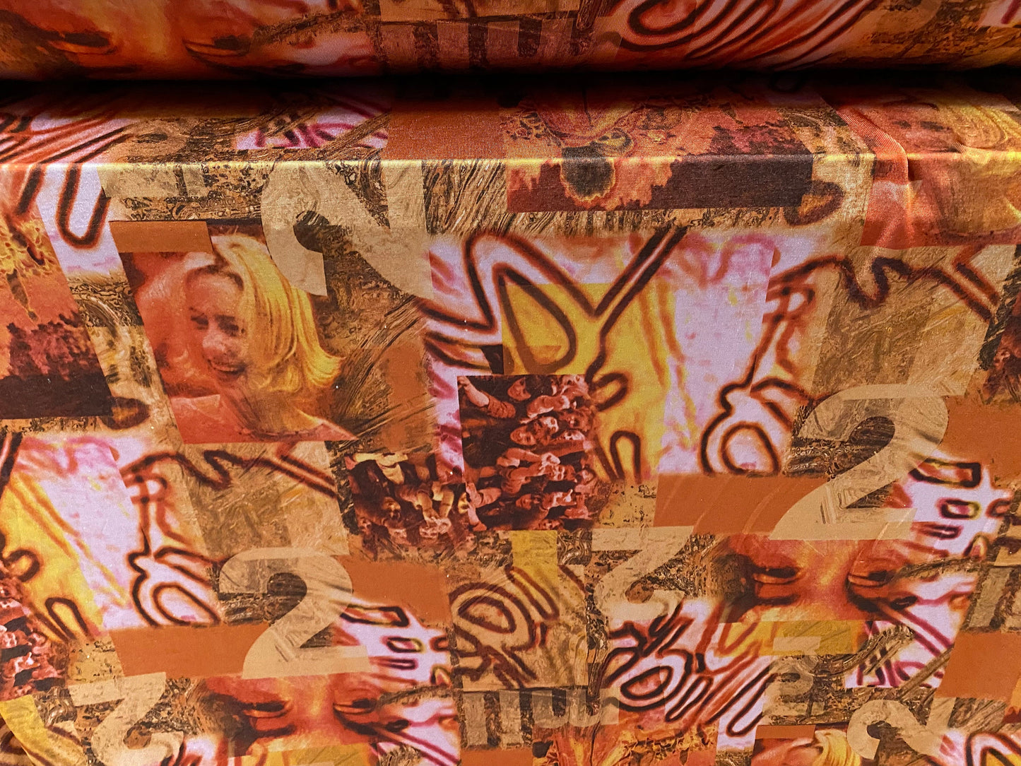 Disco shimmer stretch jersey fabric, per metre - festival graffiti print - orange & pink