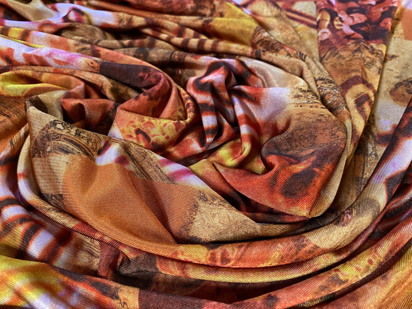 Disco shimmer stretch jersey fabric, per metre - festival graffiti print - orange & pink
