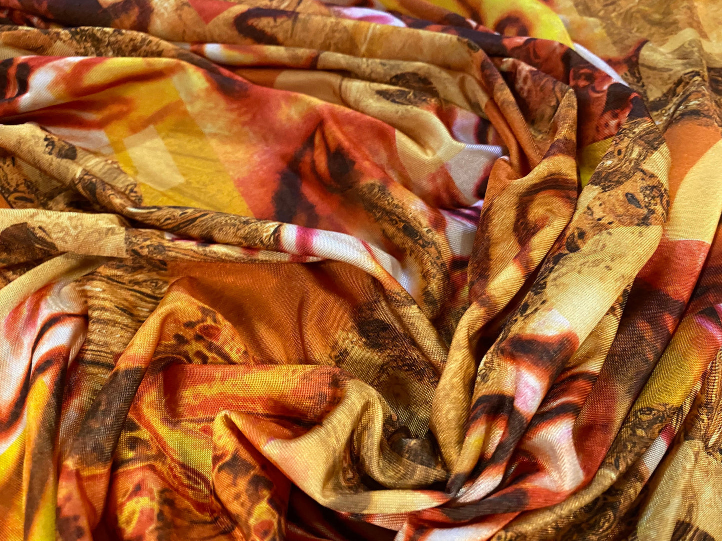 Disco shimmer stretch jersey fabric, per metre - festival graffiti print - orange & cream