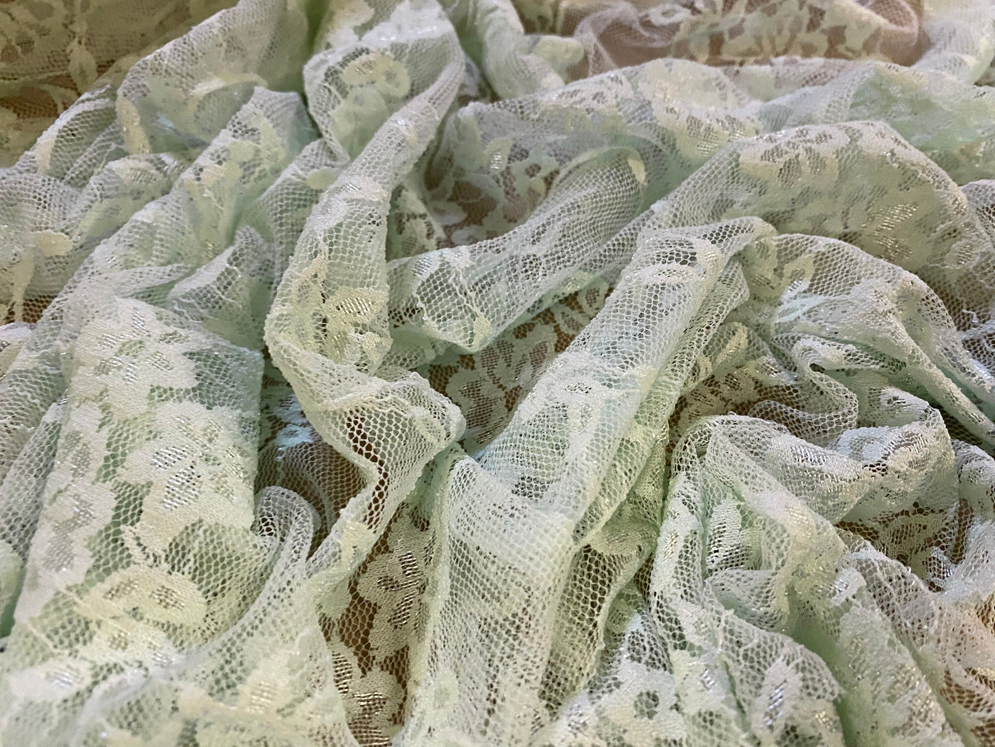 Stretch mesh lace net floral fabric, per metre - pale mint