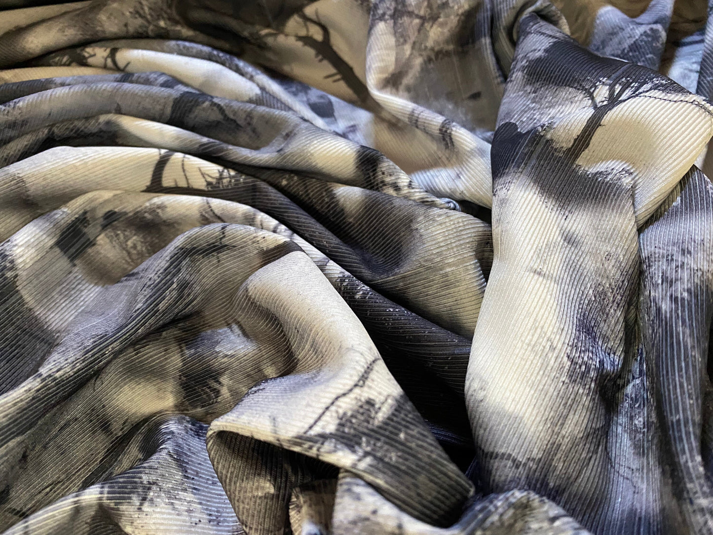 Bandage rib stretch jersey knit fashion fabric, per metre - woodland trees print - grey