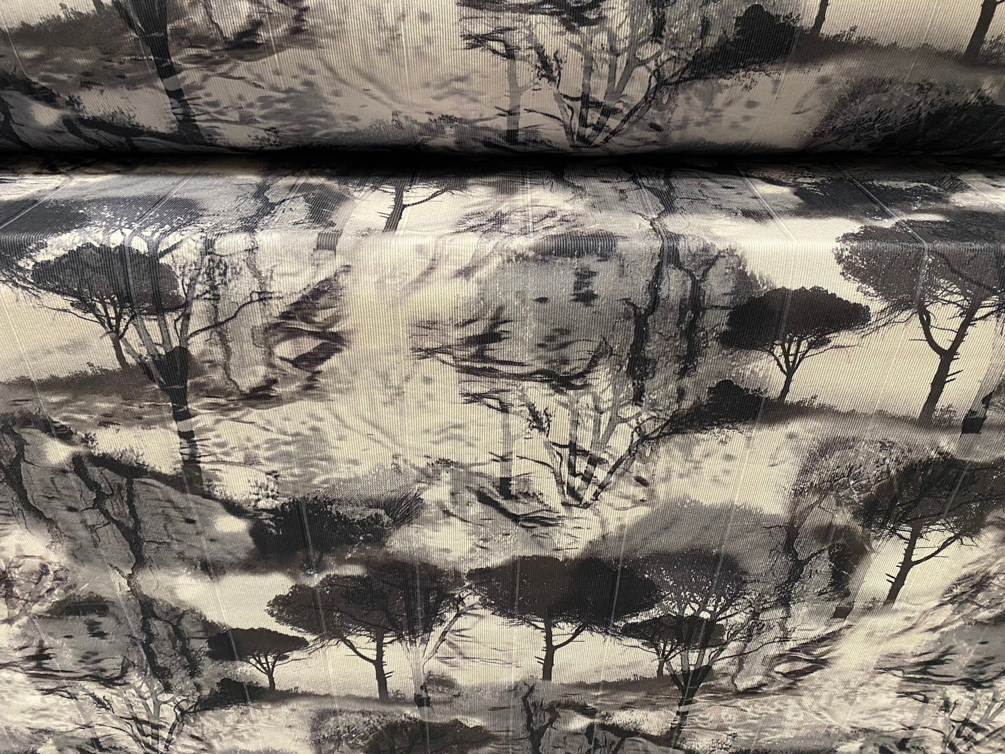 Bandage rib stretch jersey knit fashion fabric, per metre - woodland trees print - grey