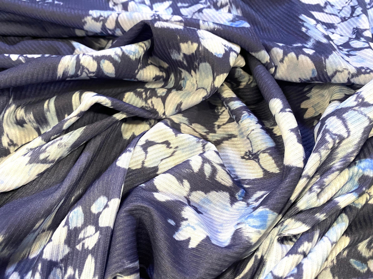 Soft touch rib jersey knit fabric, per metre - lavender blue floral print