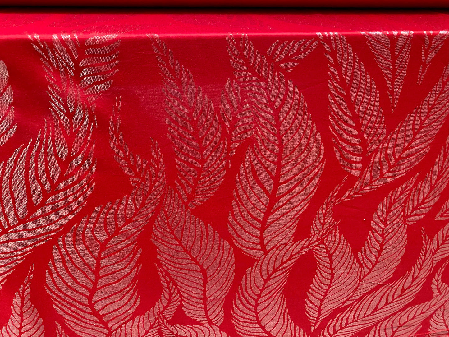 Viscose spandex stretch jersey fabric, per metre - Red with silver metallic leaf print