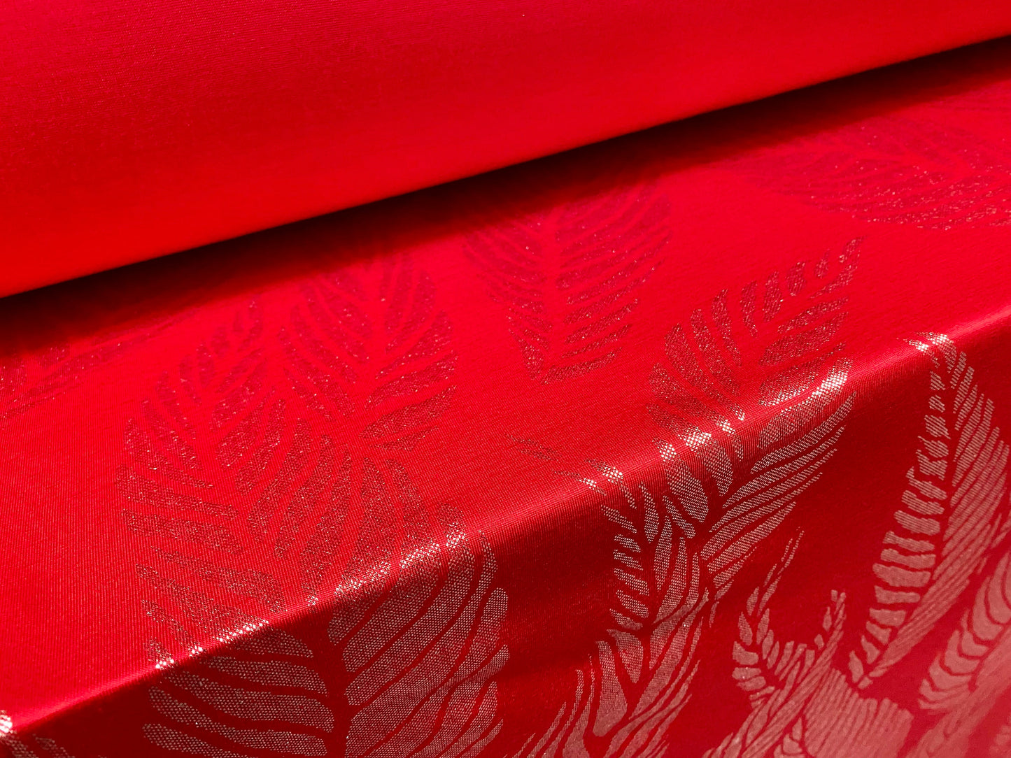 Viscose spandex stretch jersey fabric, per metre - Red with silver metallic leaf print