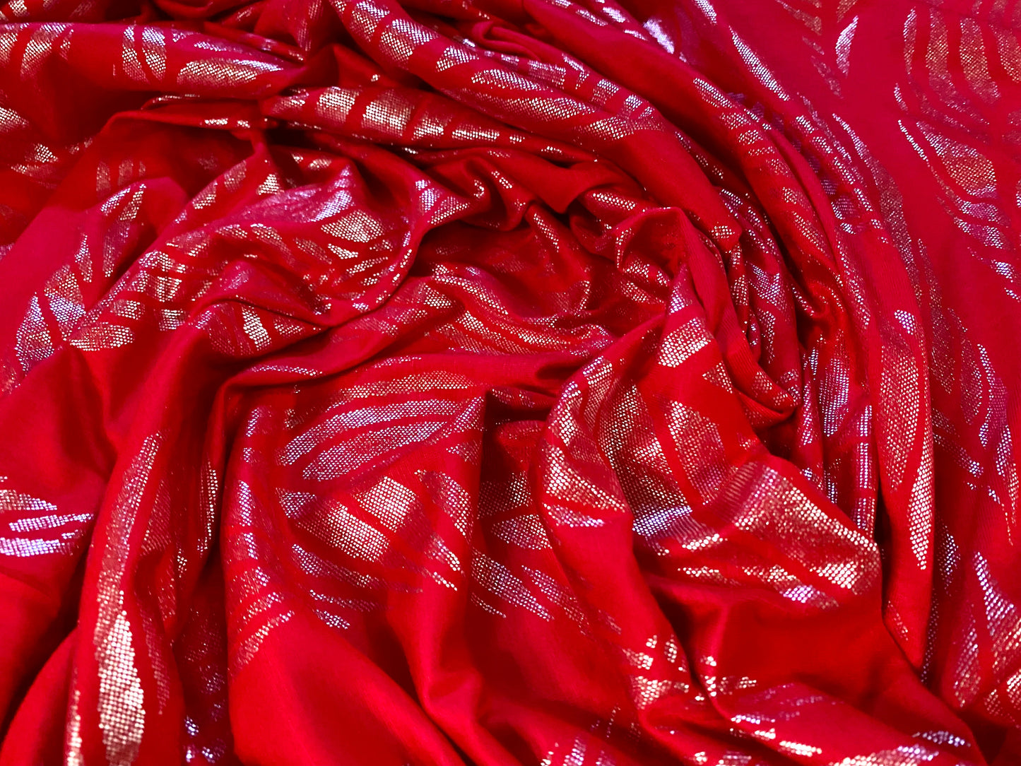 Viscose spandex stretch jersey fabric, per metre - Red with silver metallic leaf print