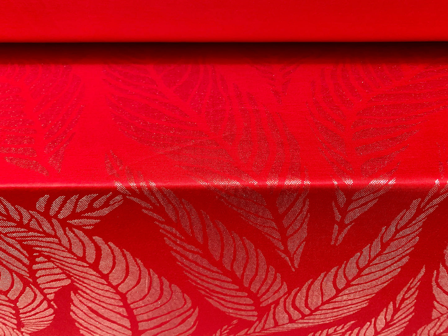 Viscose spandex stretch jersey fabric, per metre - Red with silver metallic leaf print