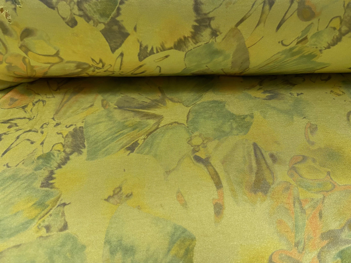 Disco shimmer stretch jersey fabric, per metre - yellow, pale aqua floral print